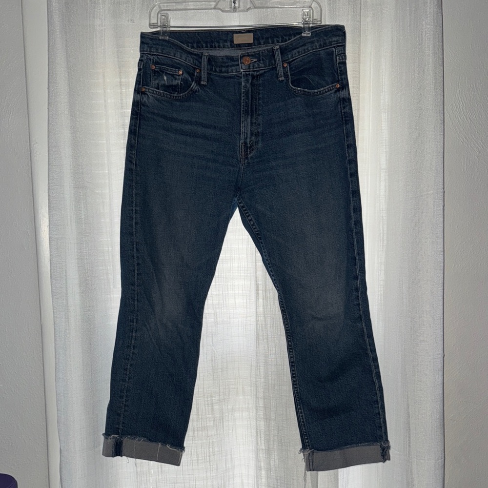MOTHER Women’s Dark Blue Relaxed Jeans Mid Rise Rider Ankle Fray Size 31